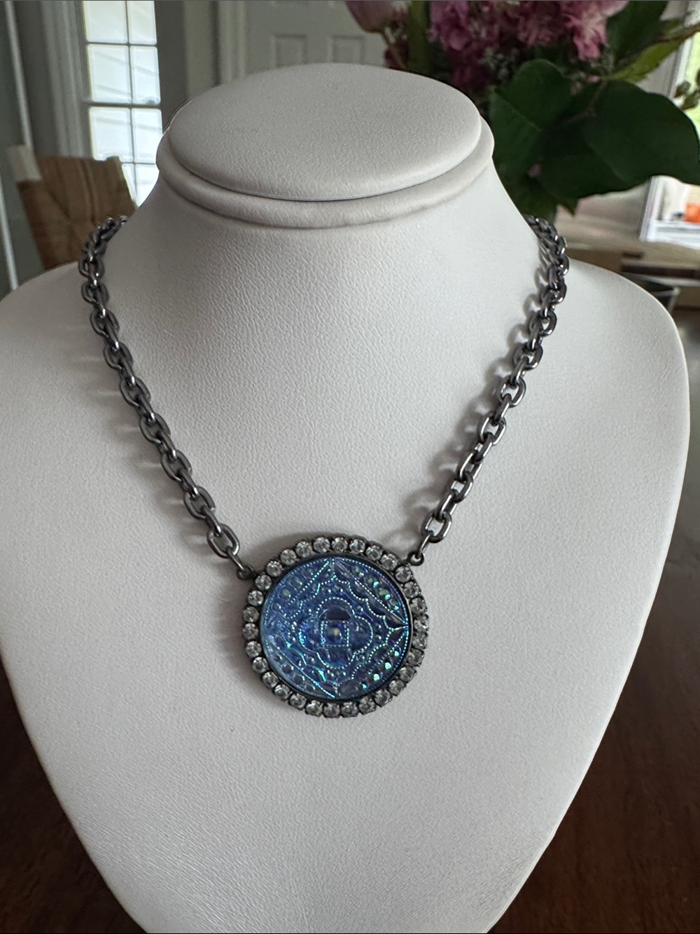 Sabika Iridescent Blue Round Pendant Necklace with Gunmetal Chain